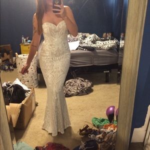 olivia white sequin strapless maxi dress bariano